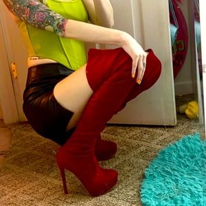 Red thigh high boots